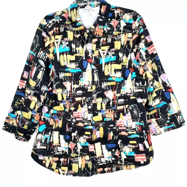 Stephanie Thomas Womens Blouse Size 18/20 Button Front 3/4 Sleeve Artwork Color