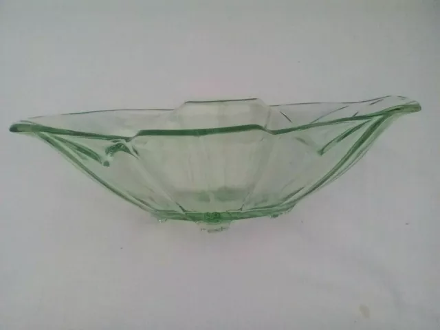 Art Deco oval serving dish, Sowerby chevron pattern 2631, green pressed glass