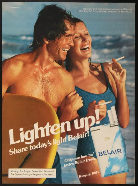 Belair Cigarettes Fresh Beach Couple Surfboard Ocean Vintage Print Ad 1980