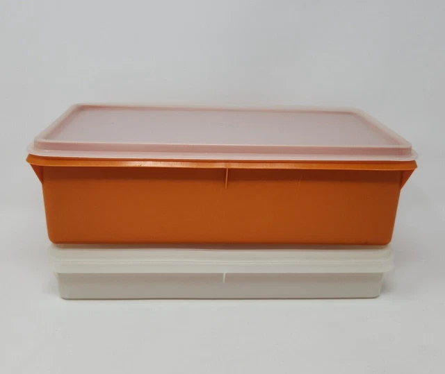 TUPPERWARE RECTANGLE CONTAINER Vintage Clear Orange Keeper 677 + 795 w ...