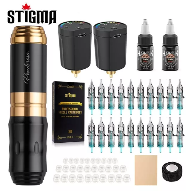 STIGMA Wireless Tattoo Kit Rotary Tattoo Pen Set 20 cartridge Needles Black Ink