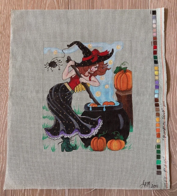 "Sopa de calabaza pintada a mano con aguja para hacer brujas de Halloween 10"" x 8"