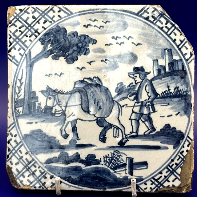 Antique English London Tile With Donkey and Trader 18th Century