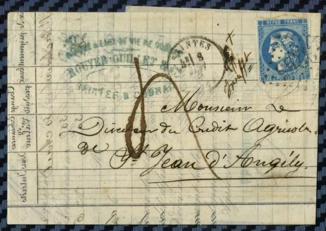 -= Cérès YT#46 s/lettre de SAINTES avec affranchissement insuffisant - 1871 =-