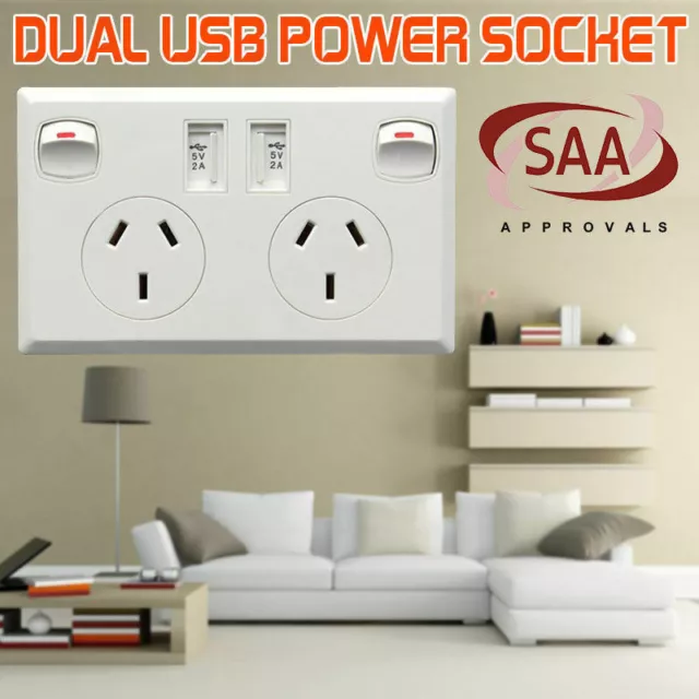 Dual USB Australian Power Point Home Wall Power Supply Socket Kitchen Office AU
