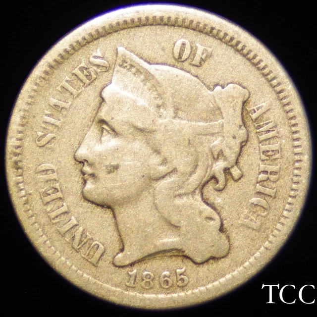 1865 THREE CENT NICKEL ~ AWESOME ORIGINAL COIN ~ 3c LIBERTY ~  TCC