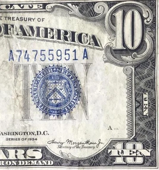 1934 $10 "Blue TEN" SILVER Certificate X5941! Paper Money Currency! FINE!
