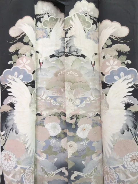 8162B1 Silk Vintage Japanese Kimono Tomesode Hand painted Crane Birds