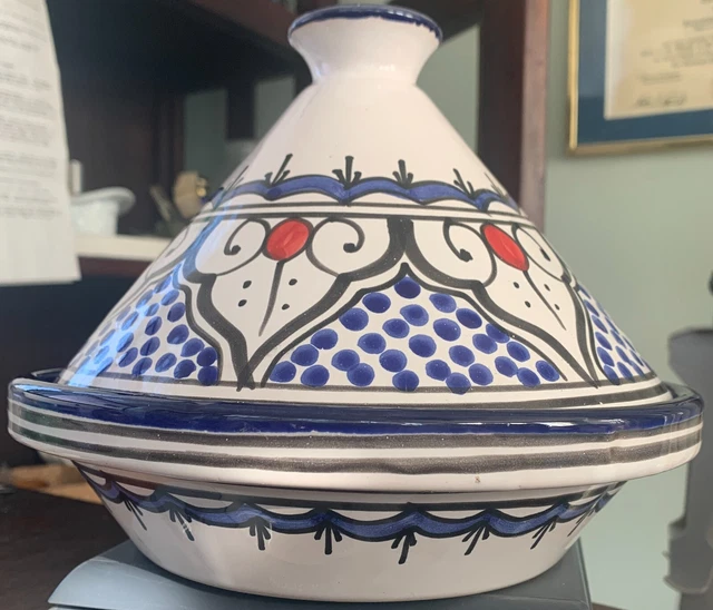 Cerámica esmaltada a mano Tagine Túnez cerámica azul blanco negro