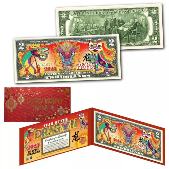 2024 DANCING DRAGONS Lunar New Year of Dragon $2 US Bill with Envelope & Folio