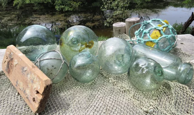 Japanese GLASS Fishing FLOATS (9) Odd Balls/Wooden Water Misshapen Tape Bubbles!