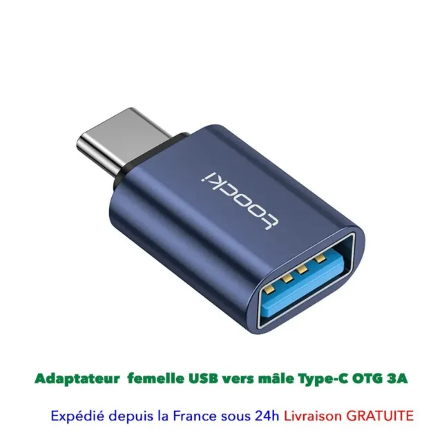 Adaptateur Femelle USB-C vers USB OTG 3A Transfert de Données et recharge Elough
