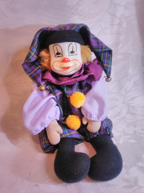 Vintage Collectible Stuffed Clown Doll with Hand Painted Porcelain Face 12" Tall