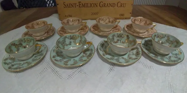 Ancienne 8 TASSES a Cafe + Soucoupes PORCELAINE Limoges Reynaud Fine Emaillee
