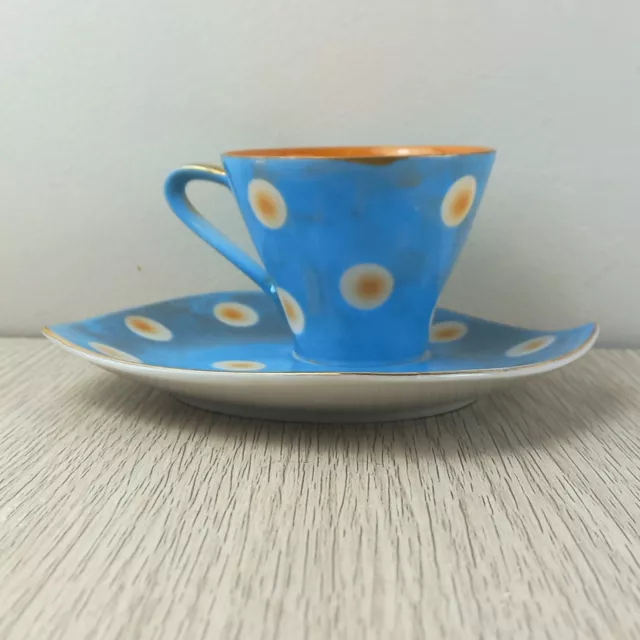 Teacup & Saucer Tennis Set Fine China Japan Spotted Blue and Tangerine