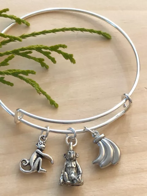 Going Bananas For Monkeys Silver charms Expandable Bangle Bracelet