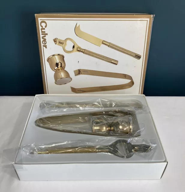 Mid Century Gold Culver 4 Piece Bar Tool Utensil Set Tong, Jigger, Pick, Opener