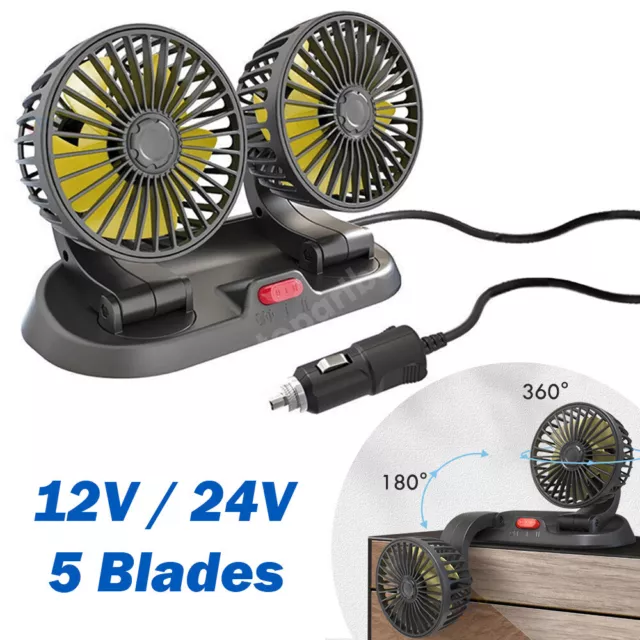 12V Car Fan Dual Head Truck Van Auto Stand Cooling Fan 360 Degree Rotation