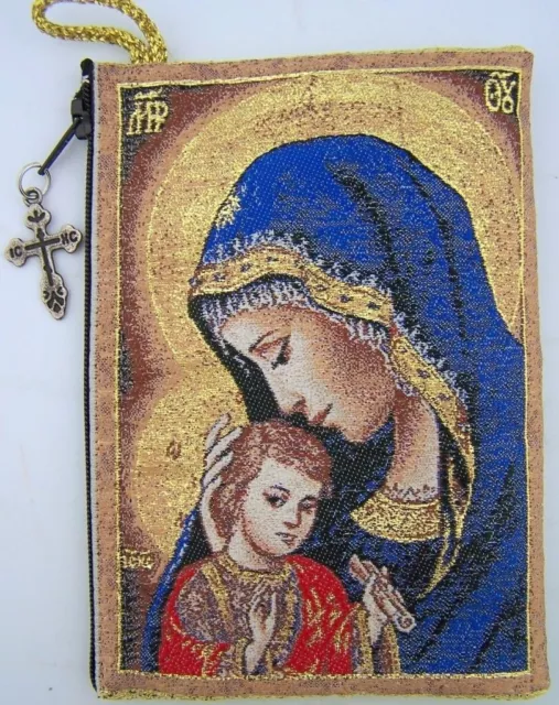 Needzo PLC Gold Rosary Pouch 2 Sided Zippered Icon Cloth Case Madonna & Child