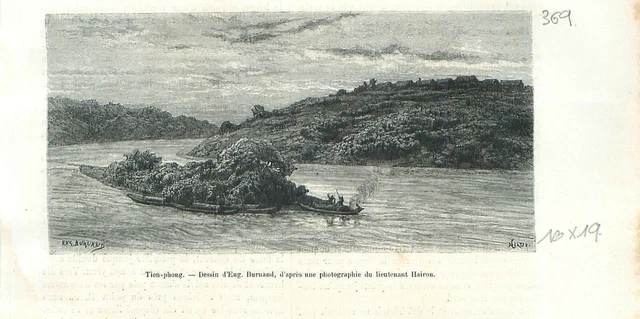 Barque à Tieng-phong au bord du Fleuve Rouge Viêt Nam Tonkin GRAVURE 1888