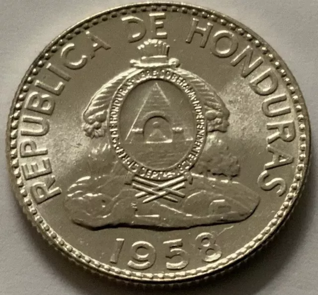 1958 Honduras 20 Centavos (De Lempira Coat Of Arms) Silver Bu