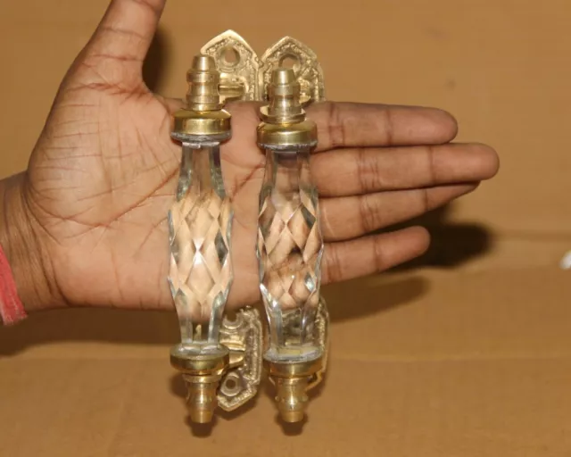 2PC Vintage Antique Style Crystal/Cut White Glass Small Brass Door Handle