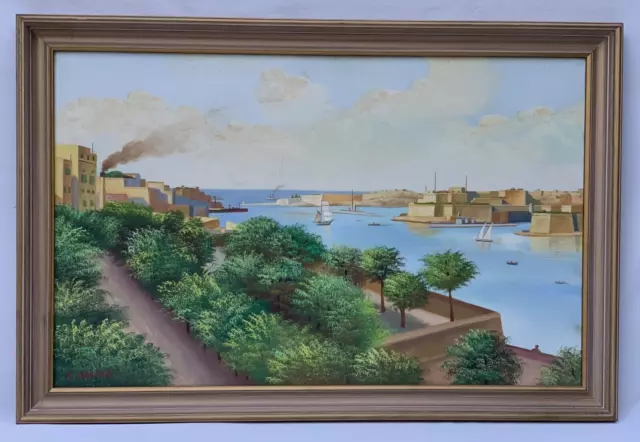Aquilina Antique Oil Painting Grand Harbor Valletta Malta Barakka Gardens Port 2