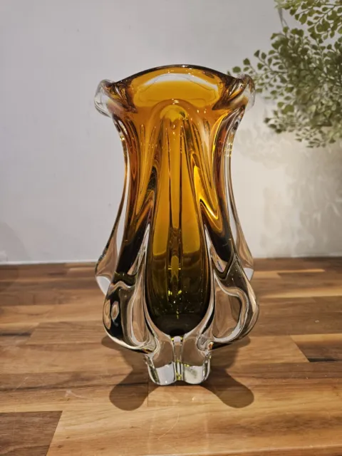 Josef Hospodka for Chribska Sklarna Vase 1970s Olive Green & Amber - Czech Glass