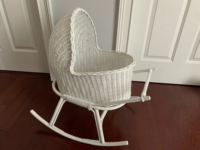 Antique White Wicker Rattan BabyDoll Rocking Crib Cradle VTG 2pc Carriage Basket