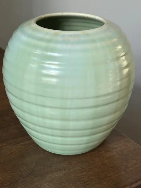 VINTAGE 1930s CANDY WARE green drip glazed ribbed pottery vase