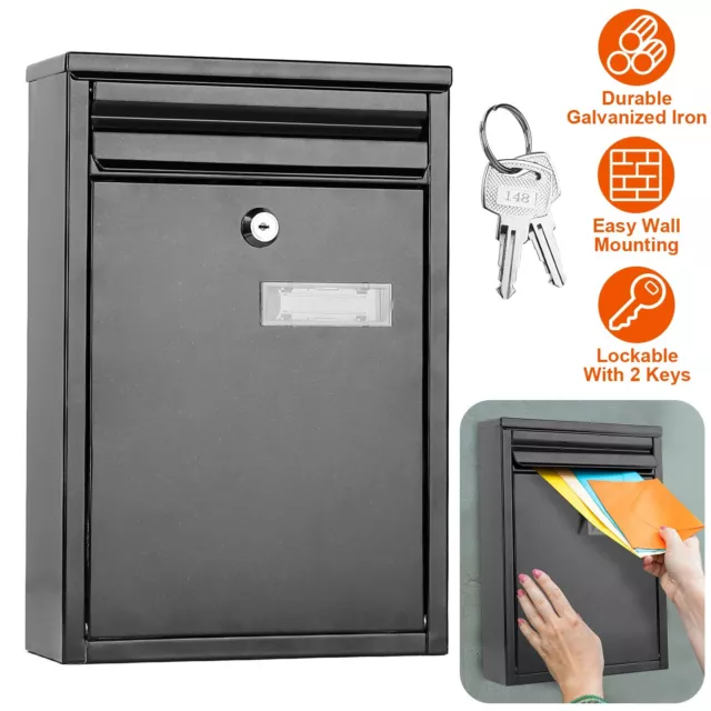 Locking Wall Mount Mail Box Newspaper Letter Box 6.89in Drop Slot With 2 Keys