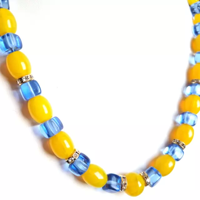 Necklace 20'' Yellow/Blue Glass Czech Old Beads Women's Jewelry Art Deco Style