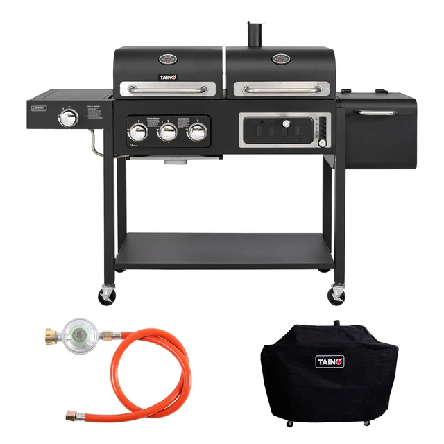 TAINO HERO DUO Set Gasgrill Holzkohlegrill Gas Kombigrill Abdeckhaube Gasregler