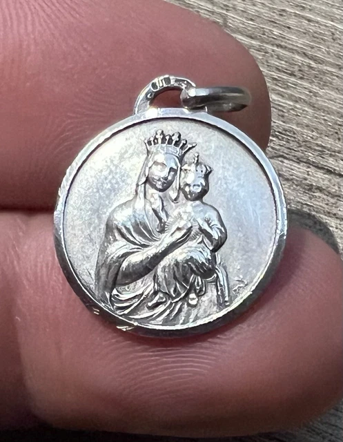 Médaille Religieuse Ancienne Vierge à L'Enfant, Métal Argenté