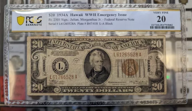 1934-A $20 Hawaii Emergency Issue Federal Reserve Note. PCGS Vf20. Nice Note!
