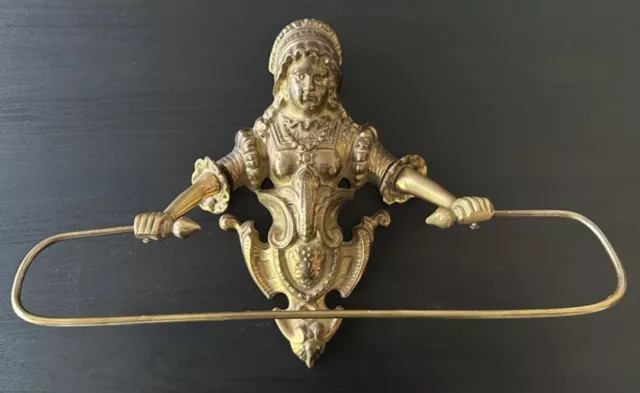 Antique Cast Brass Bar Towel Holder - French Victorian Lady Maiden Figure EUC