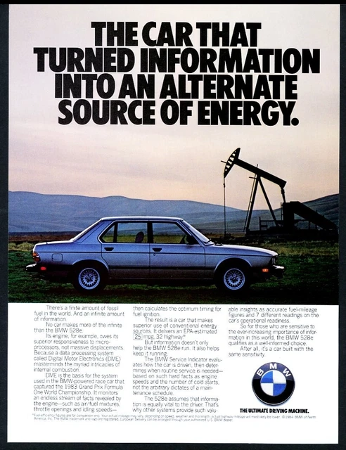 1984 BMW 528e car & oil well pumpjack photo vintage print ad