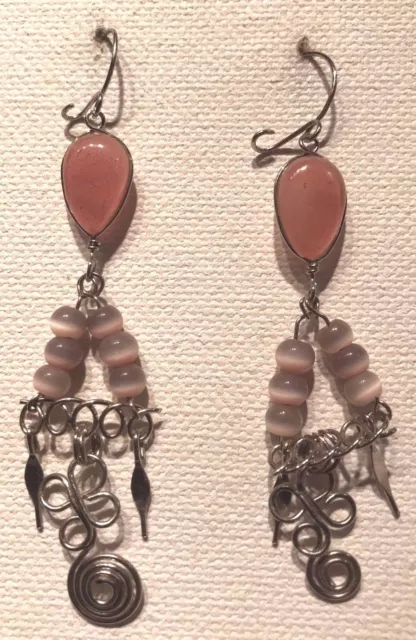 Peruvian Murano Gem Glass Lng Chandelier Dangle Earrings Hand Made Alpaca Silver