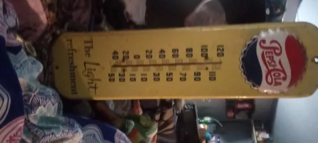 Vintage 1950s Pepsi-Cola Advertising Thermometer Sign Raised Bottle Cap
