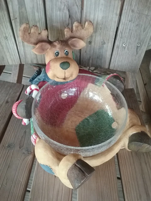 Festive Large REINDEER CHRISTMAS HOLIDAY Crackle Glass  Serving Bowl Candy Dish