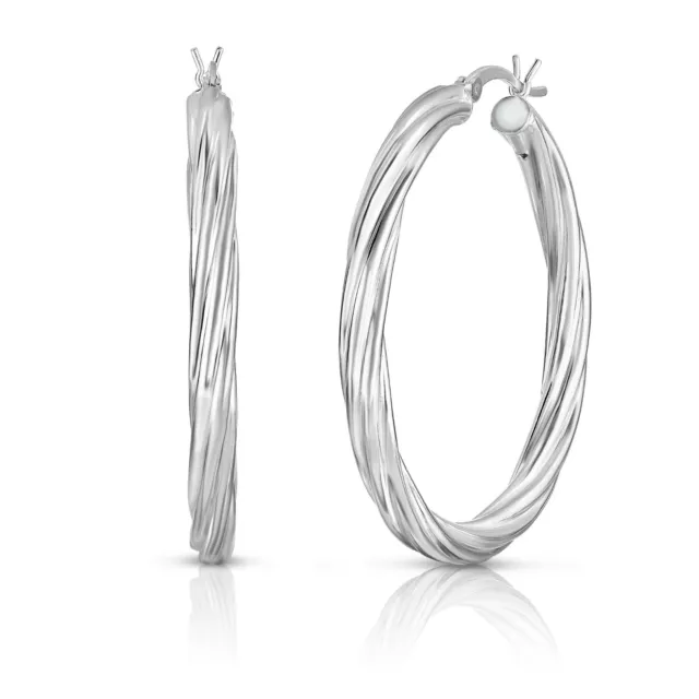 925 Sterling Silver 14K White Gold Plated Twisted Hoop Earrings, Gift 20mm-50mm