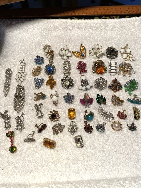 Vintage Single Rhinestone Jewelry Earrings Lot of 54 ~19 Signed Juliana Weiss ++