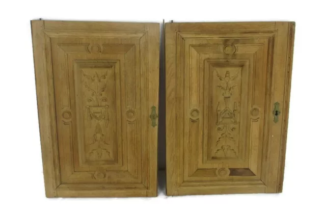 Pair Antique hand Carved Wood Door Panels Reclaimed Architectural Sand Blasted G