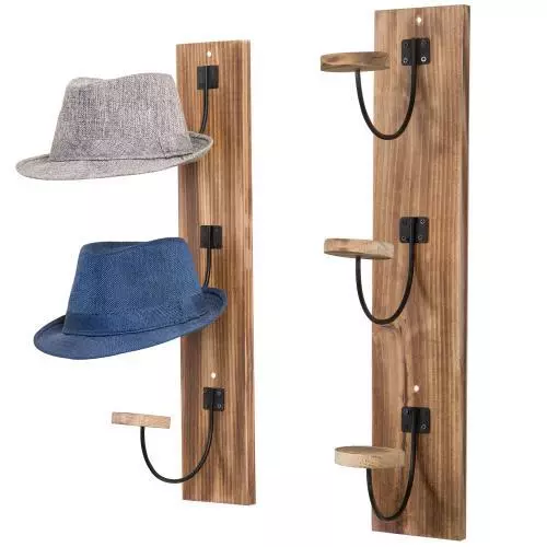 Rustic Burnt Wood Hat Rack for Wall with Metal Wire and Wood Hooks, Set of 2