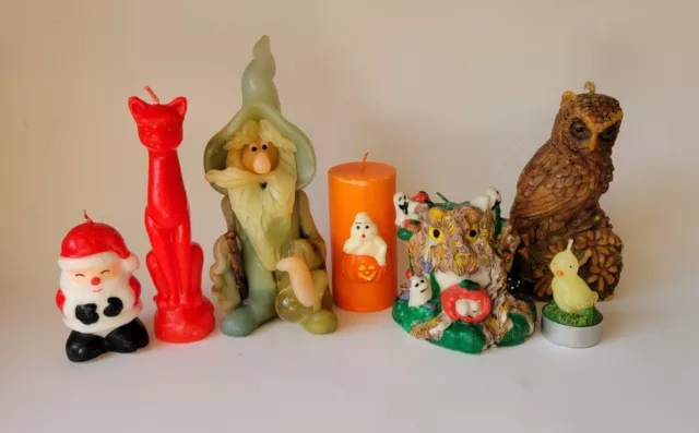 7 Piece Lot Of VTG Holiday Candles Halloween,  Santa, Owl, Cat, Chick, Wizard