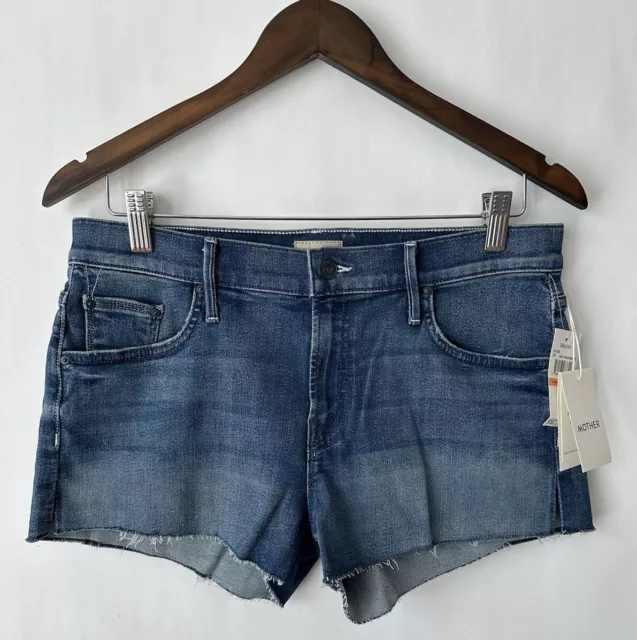 NWT MOTHER The Teaser Slit Stretch Denim Shorts Sz 26 4 Mid Rise Raw Fray Hem