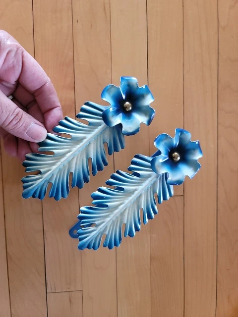Vintage Metal Curtain Tie Backs Art Deco? Hawaiian? Blue White Set Of 2