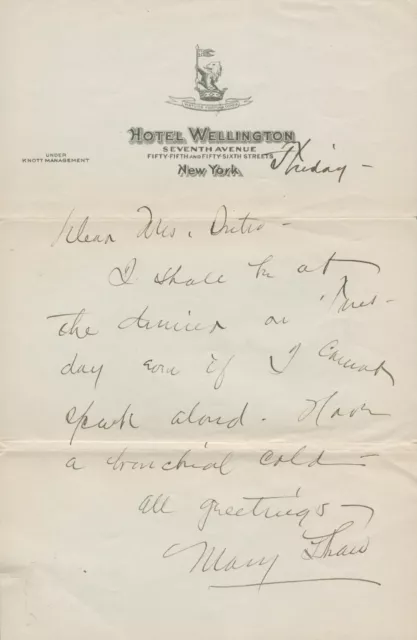 Mary Shaw SIGNED AUTOGRAPHED Letter Actress Feminist & Suffragist 1854-1929