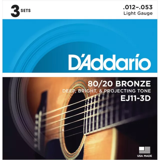 D'Addario EJ11-3D bronze 80/20 Light, 12-53 (3 jeux) - jeu guitare acoustique