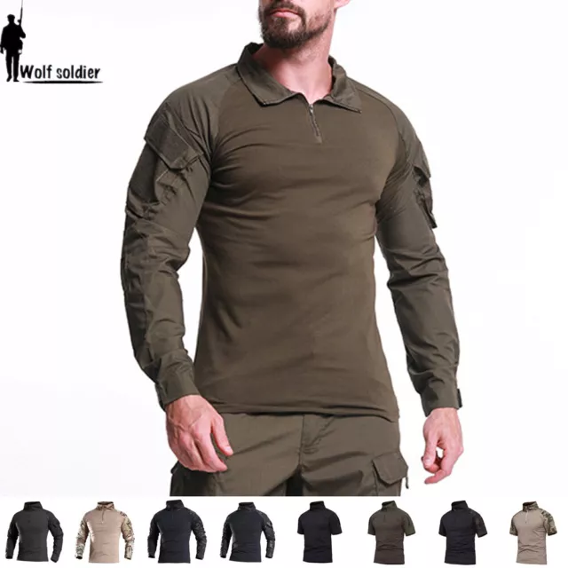 US Army Men's Long Sleeve T-shirt Combat Military Tactical Casual Zip Shirt Camo